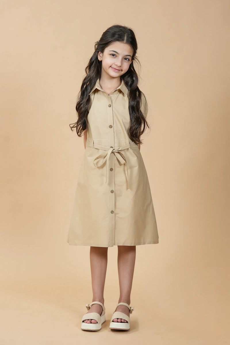 Safari | Pure cotton shirt dress with waist tie & box pleat