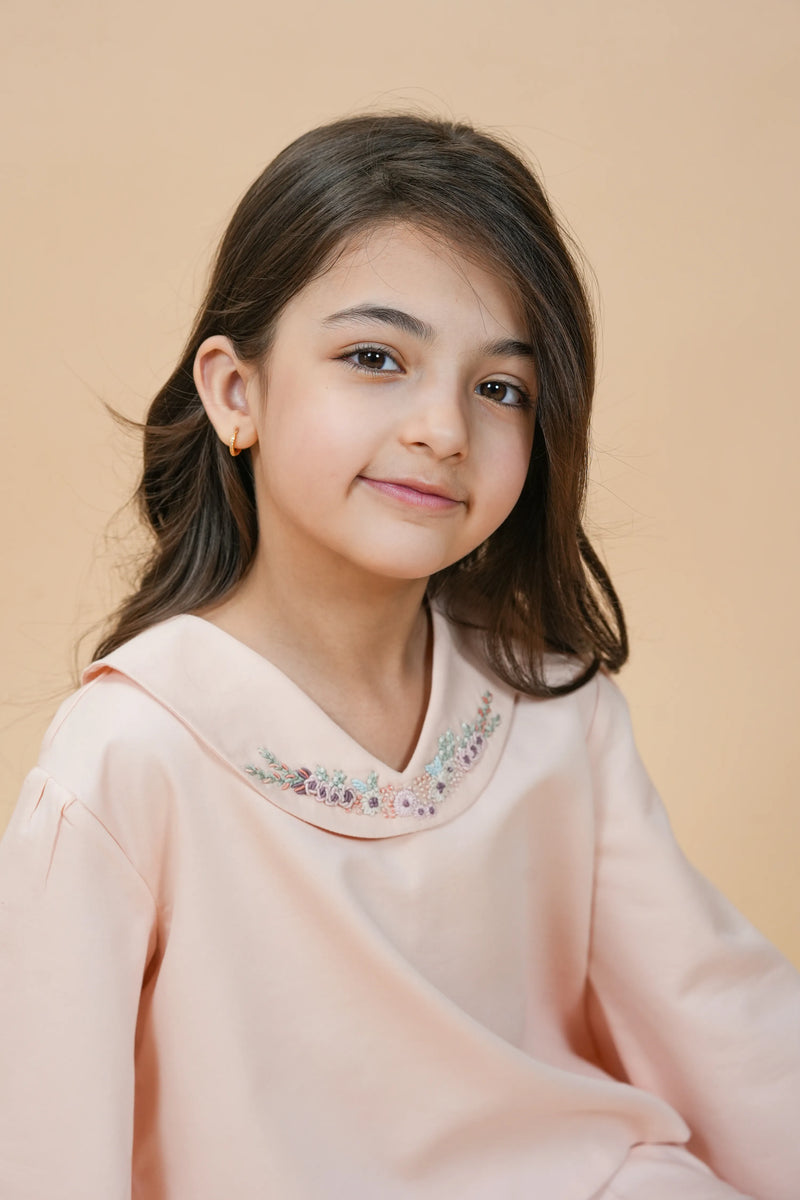 Strawberry Milk | Pure cotton co-ord set with hand-embroidered collar
