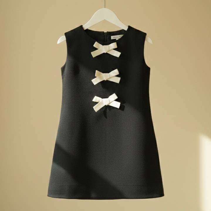 Noir | Girl’s Satin A-Line Dress with Decorative Bows