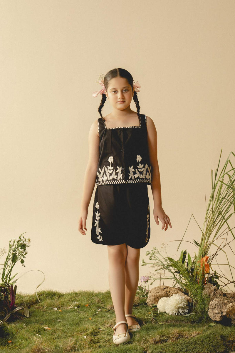 Orchid | Black cotton Co-Ord set with hand-embroidered detailing and square neckline