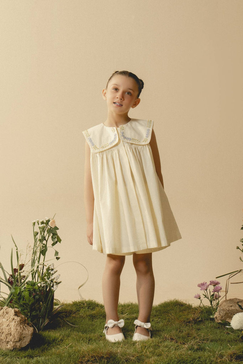 Cecile | Cream pleated dress with hand-embroidered collar