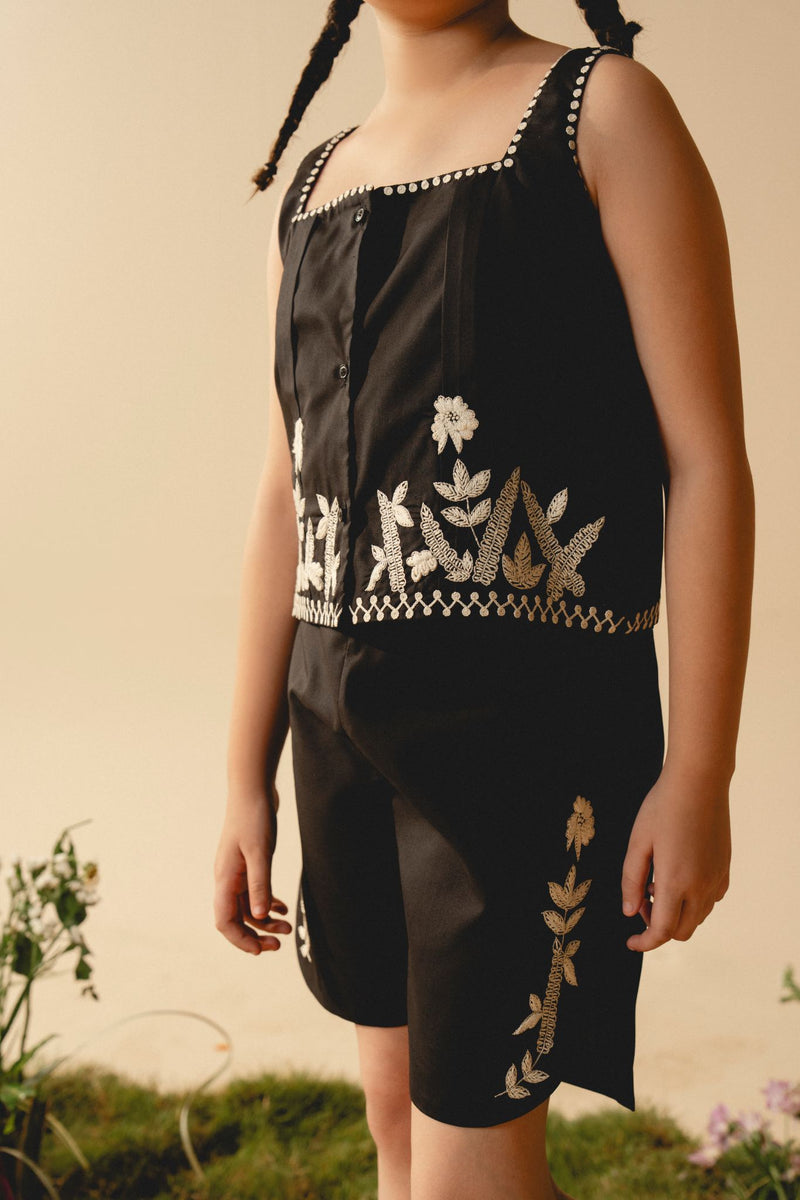 Orchid | Black cotton dress with hand-embroidered detailing and square neckline
