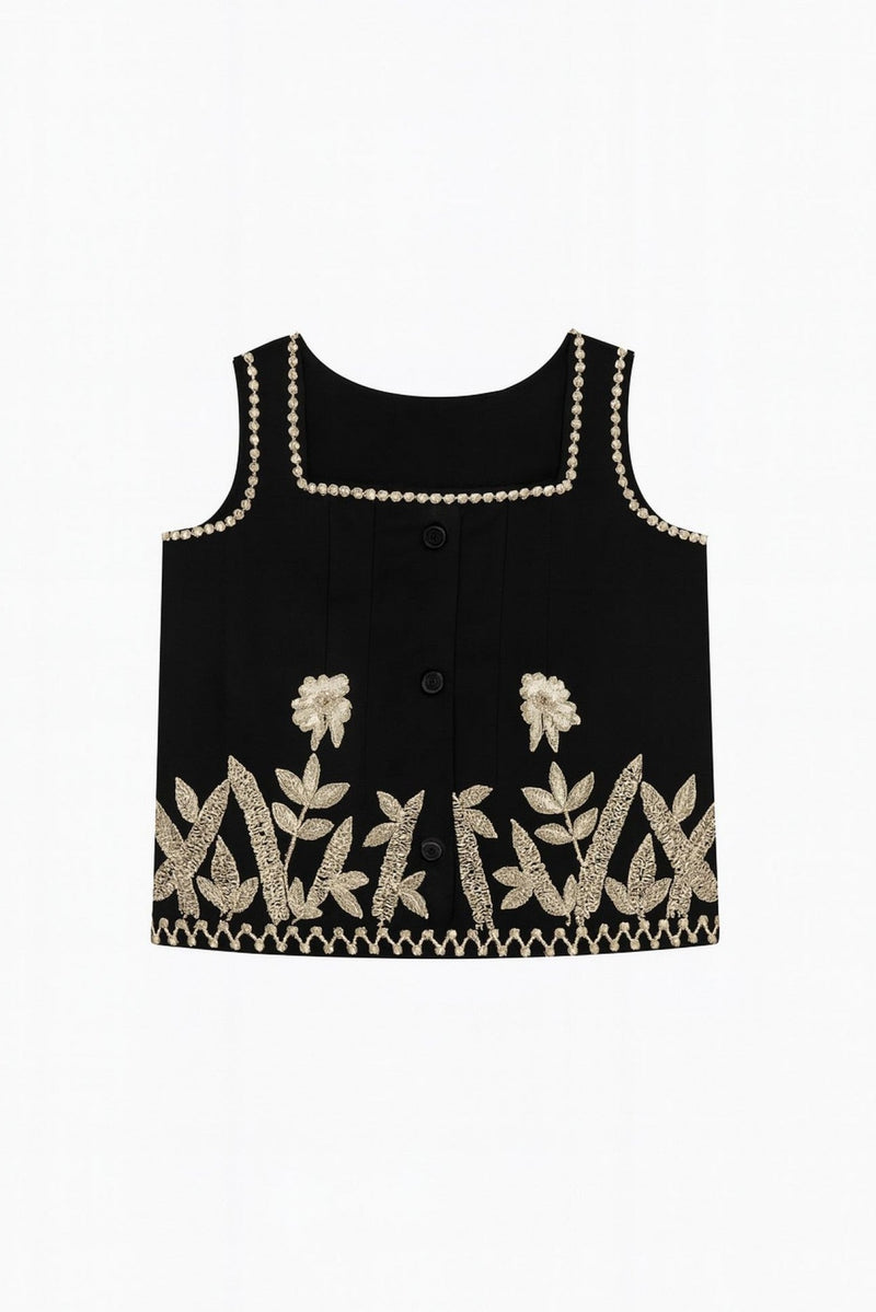 Orchid | Black cotton Co-Ord set with hand-embroidered detailing and square neckline