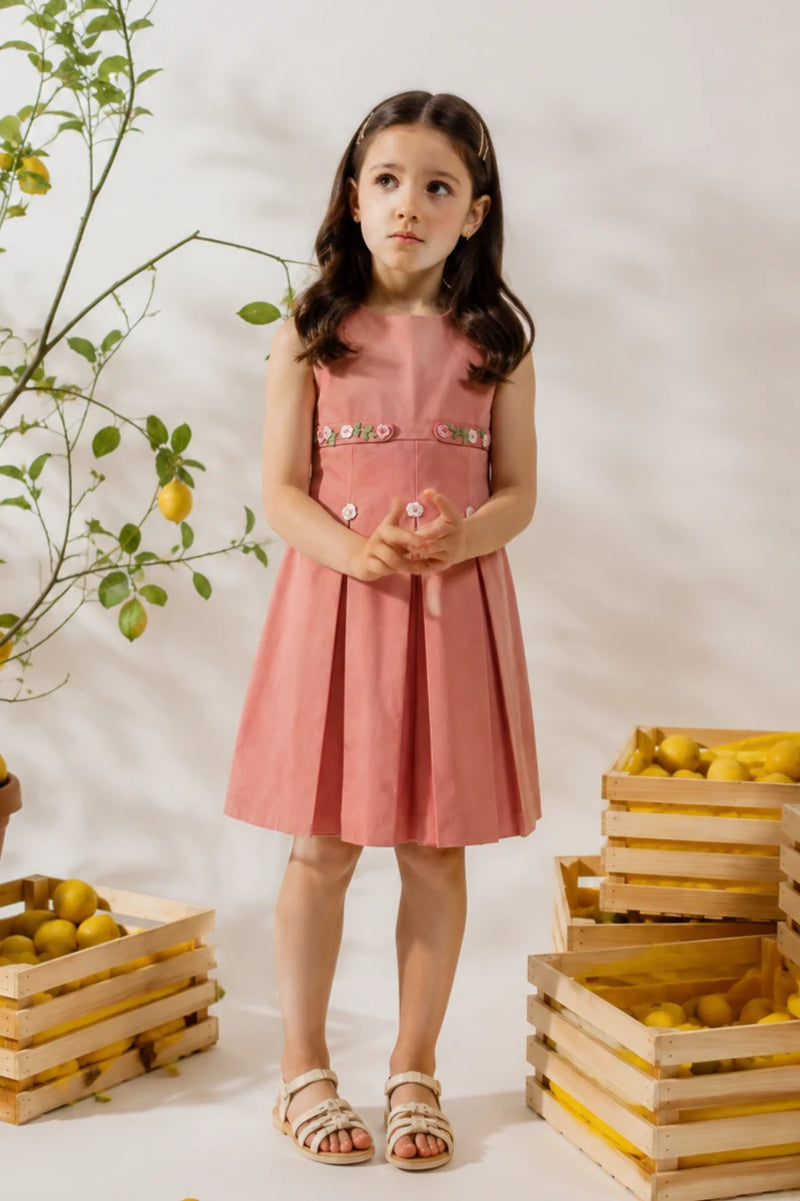 Melba | Cotton chambray frock with pleats and floral embroidered belt