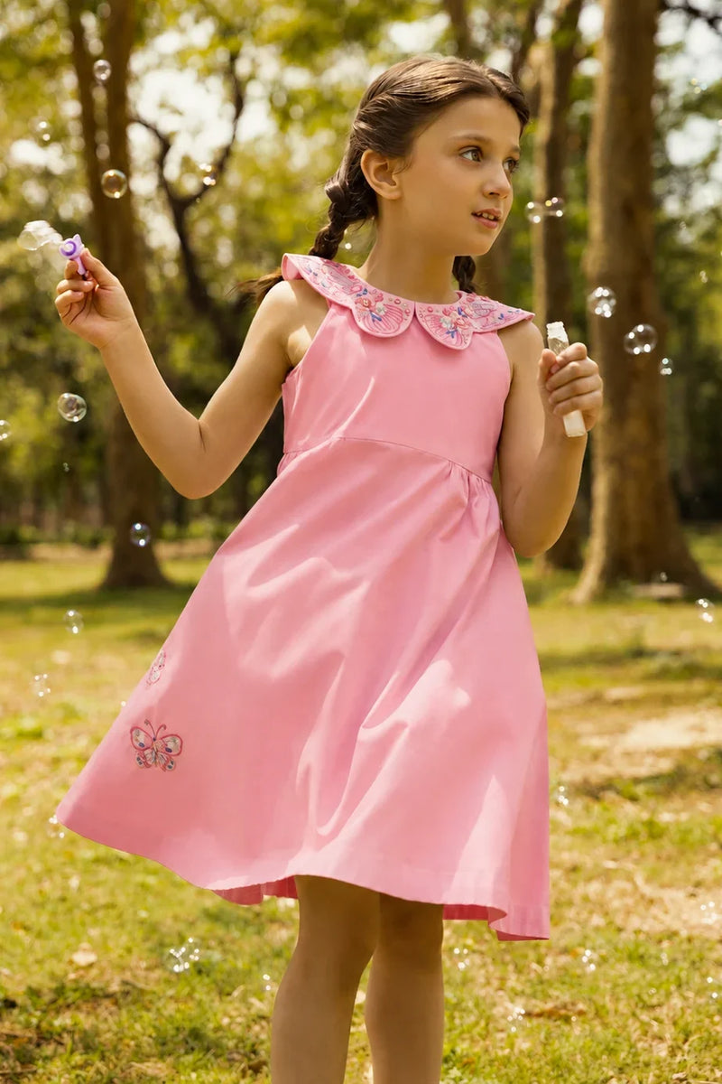 Blush | Cotton dress with hand-embroidered butterfly motifs