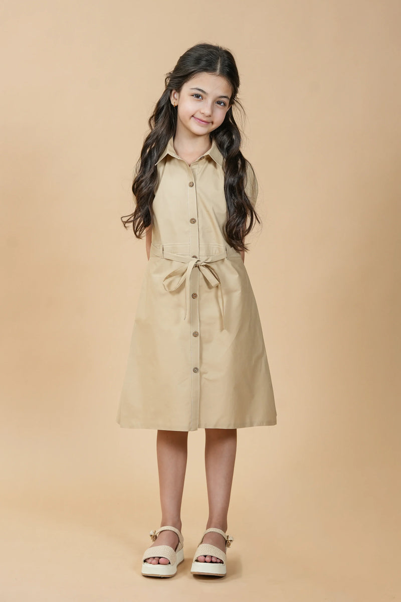 Safari | Pure cotton shirt dress with waist tie & box pleat