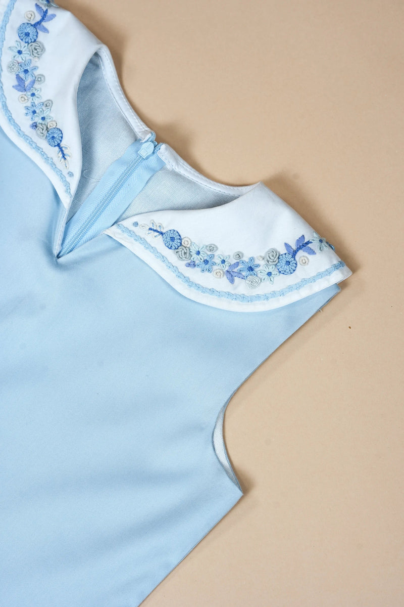 Bluebird | Pure cotton dress with hand-embroidered collar & box pleats