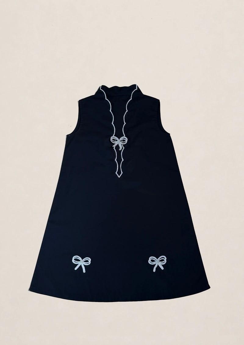 Notte | Black cotton dress with hand-embroidered bow details