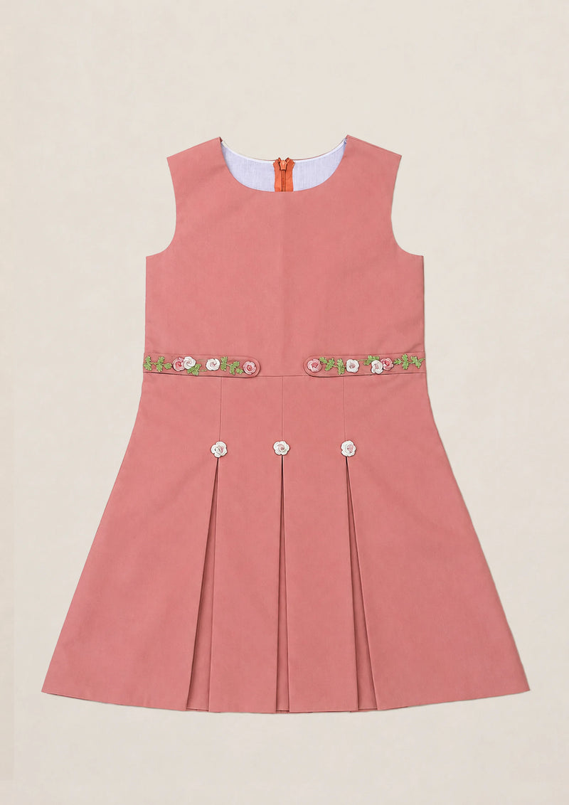 Melba | Cotton chambray frock with pleats and floral embroidered belt