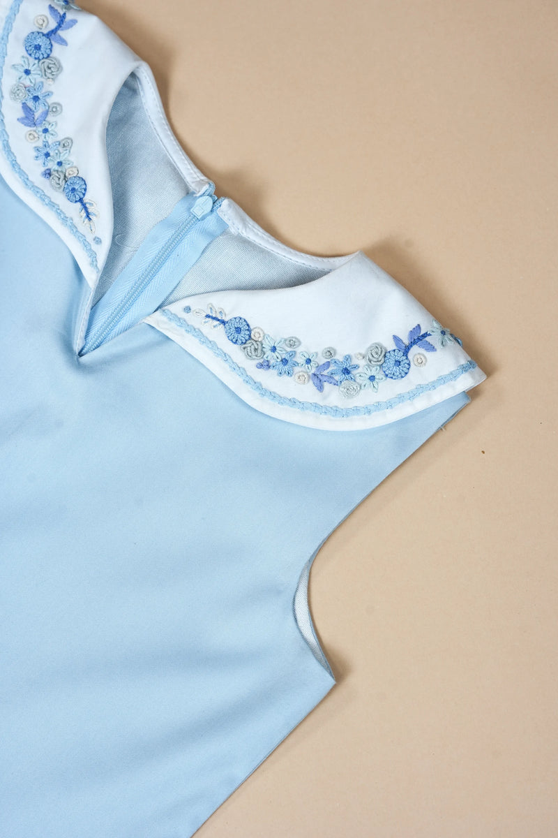 Bluebird | Pure cotton dress with hand-embroidered collar & box pleats