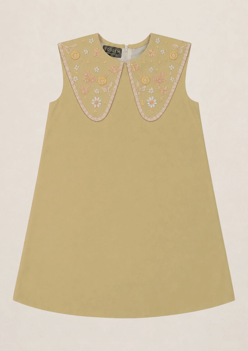 Matcha | A-line cotton dress with floral hand-embroidered collar
