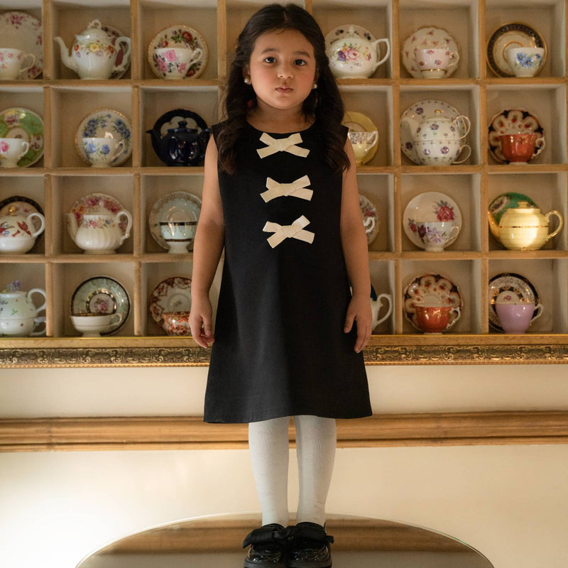 Noir | Girl’s Satin A-Line Dress with Decorative Bows