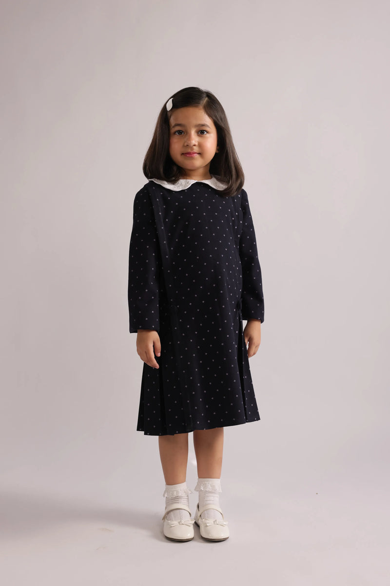 Colette | Girl's Navy Floral Winter Dress, hand-embroidered collar, pleated flare