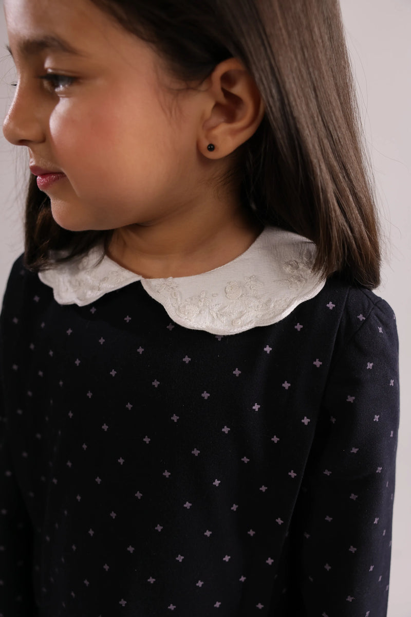 Colette | Girl's Navy Floral Winter Dress, hand-embroidered collar, pleated flare