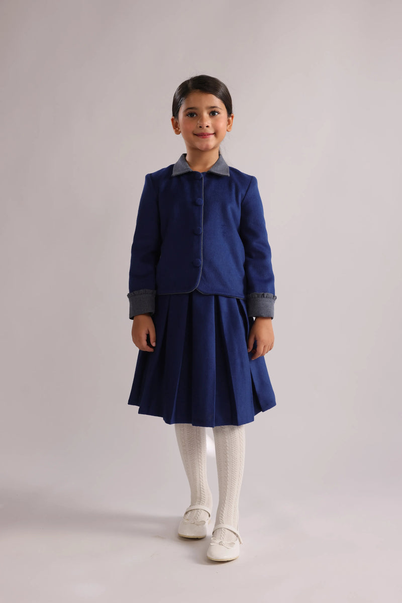 Bleuet | Girls' Blue Jacket and Pleated Skirt Set, Contrast Collar