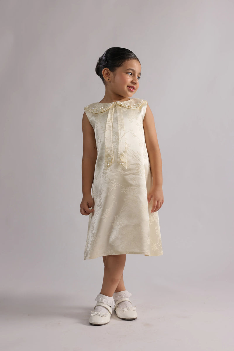 Perla | Girls' Ivory Occasion Dress, Pearl Collar and Bow Back