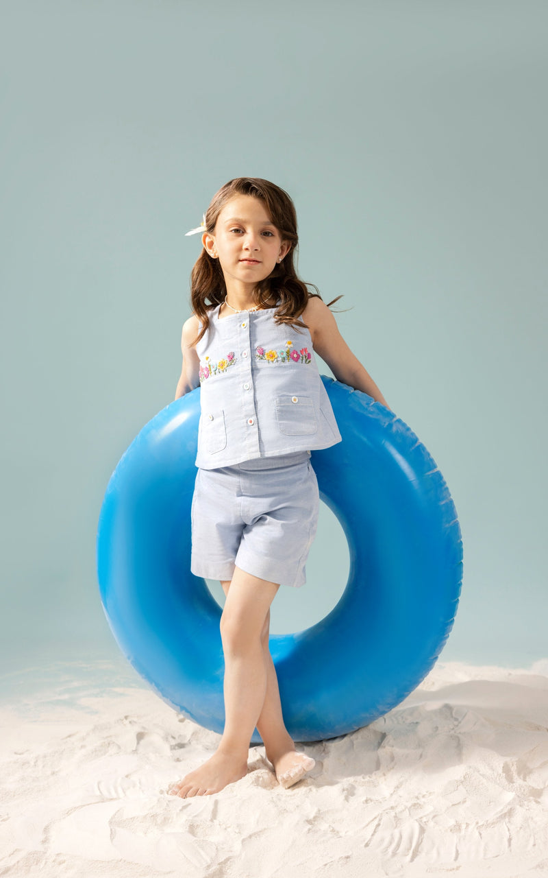 Marina | Two-piece cotton chambray set with floral hand embroidery