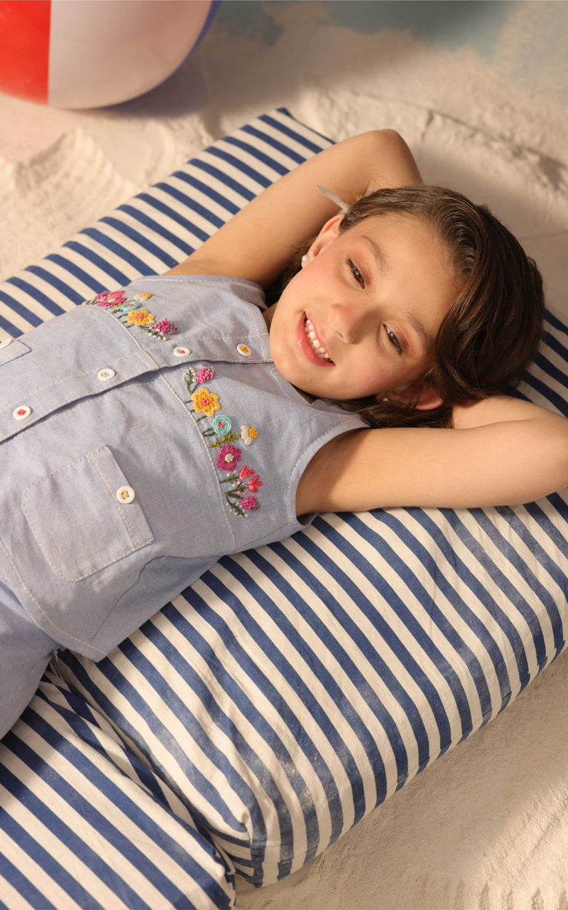 Marina | Two-piece cotton chambray set with floral hand embroidery