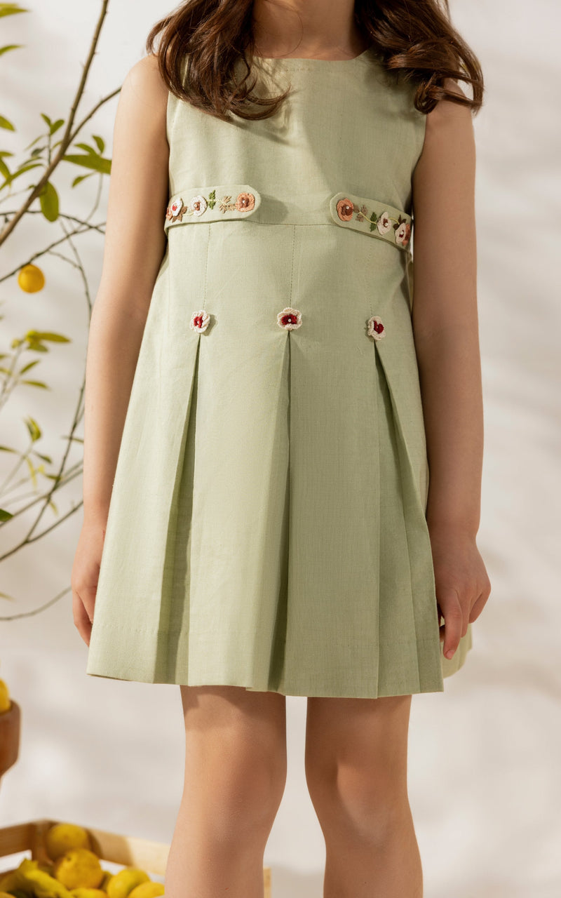Olive groves | Cotton chambray frock with pleats and floral embroidered belt
