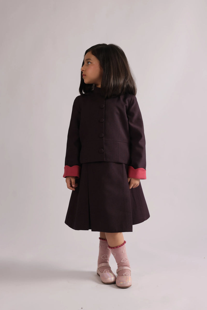 Viola | Girls' Plum Jacket and Pleated Skirt Set, Scalloped Pink Cuffs
