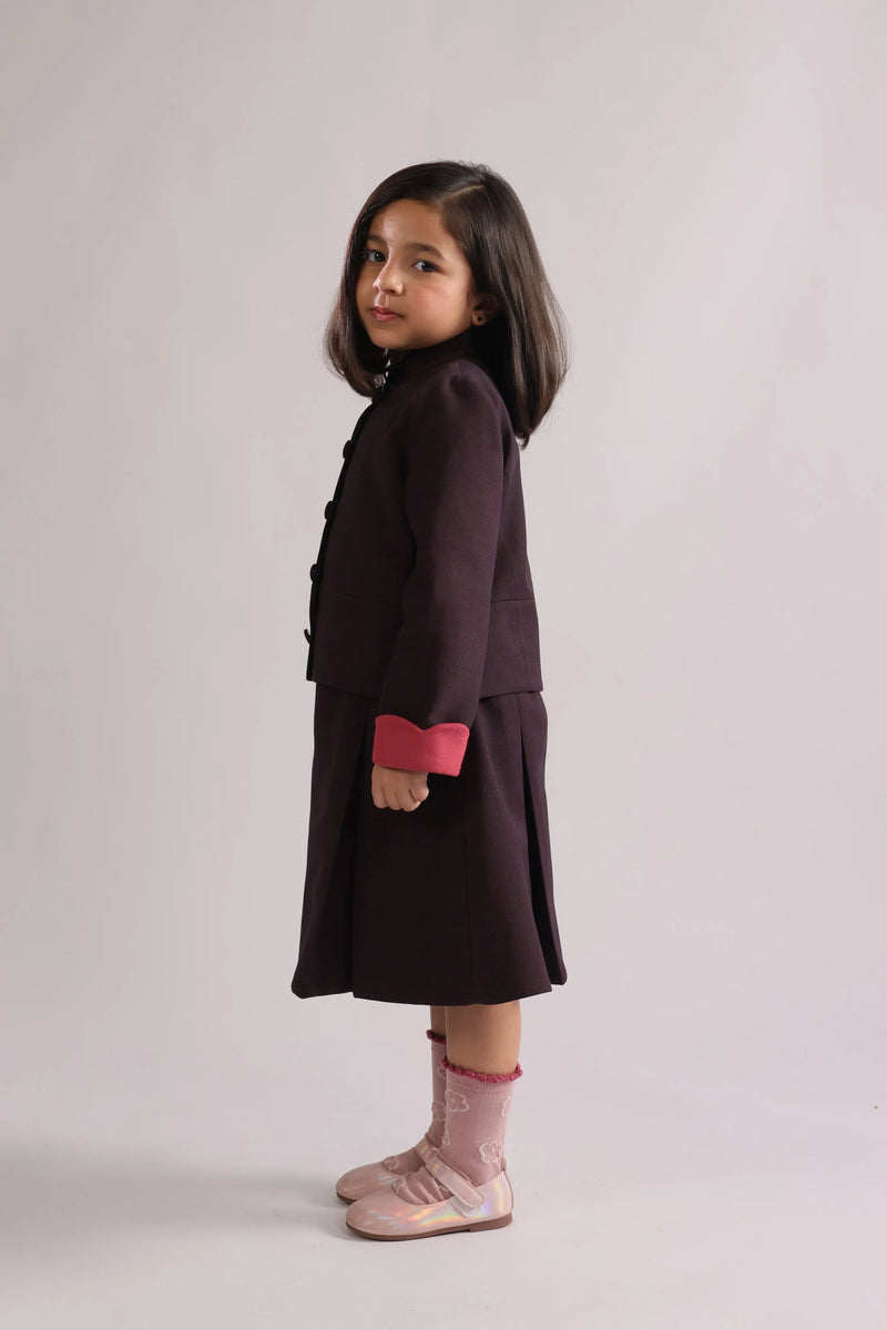 Viola | Girls' Plum Jacket and Pleated Skirt Set, Scalloped Pink Cuffs