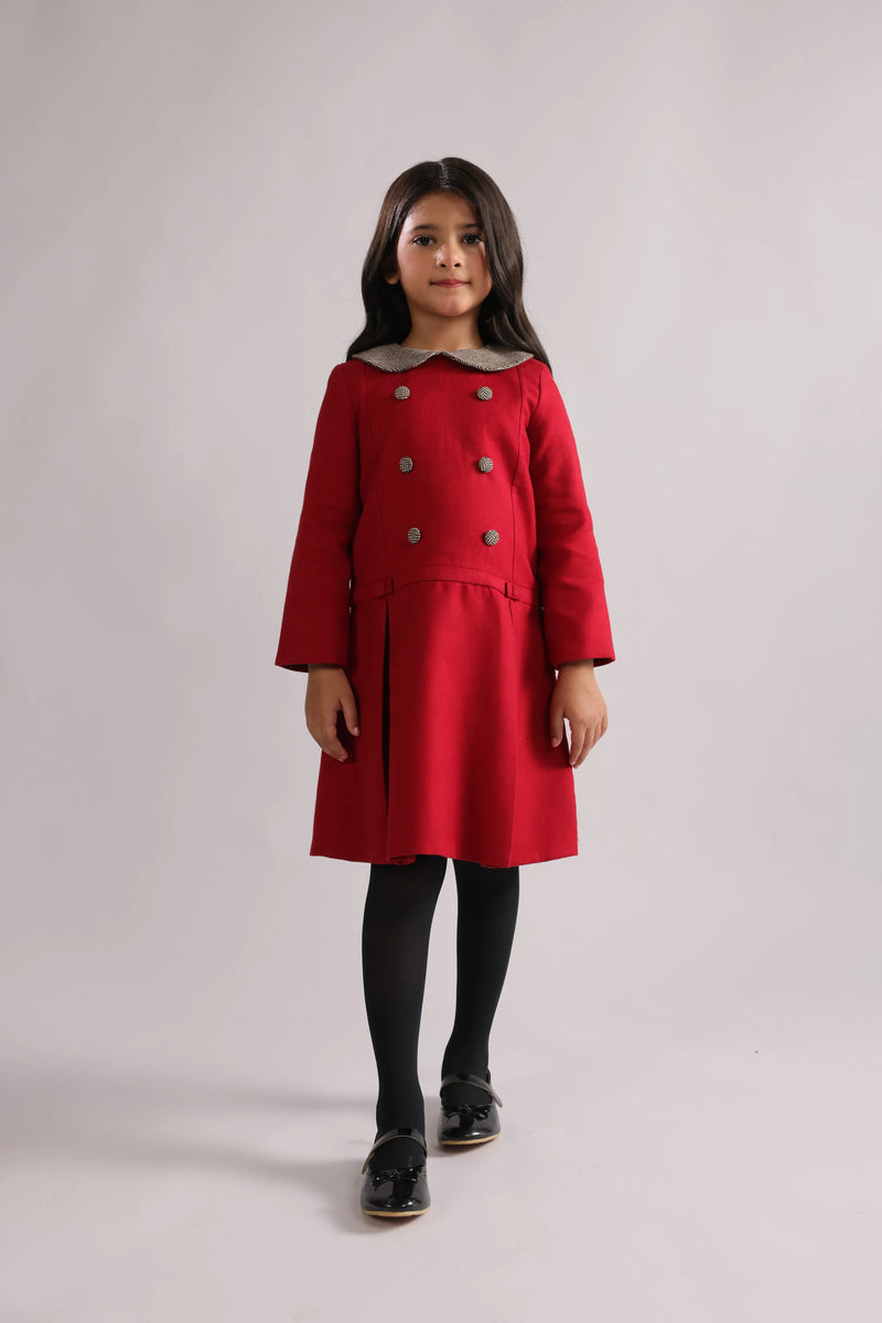 Rosalie | Girl's red wool dress with herringbone peter pan collar