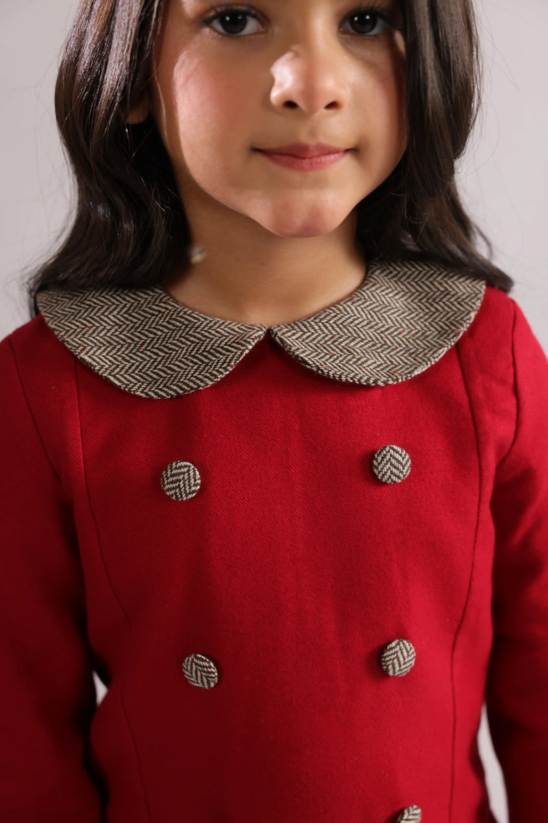 Rosalie | Girl's red wool dress with herringbone peter pan collar